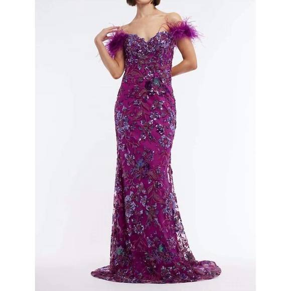 NEW VIENNA PROM feather long sheer sequin corset prom dress in purple